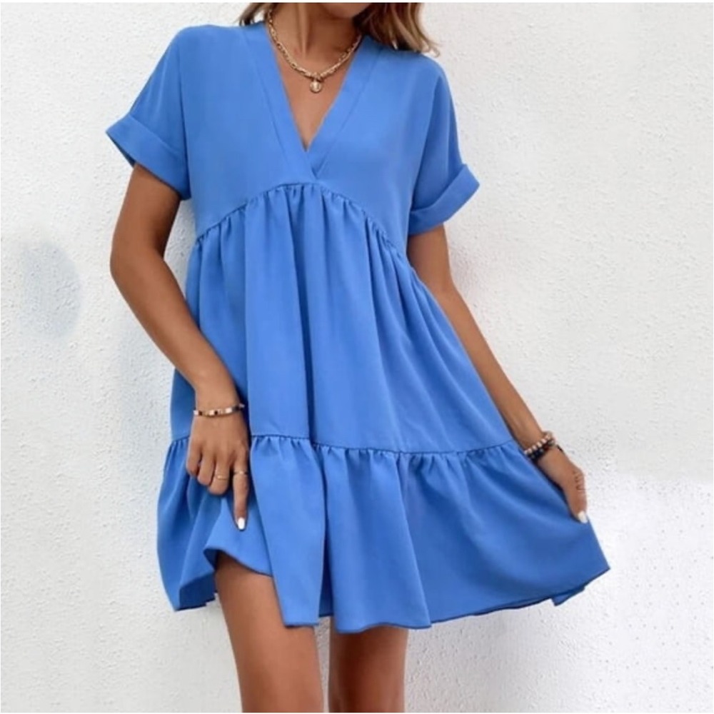 Blue V-Neck Tiered Babydoll Mini Dress Short Sleeve Flowy Boho Cottgecore
